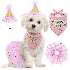 SCENEREAL Bandana de cumpleaños para perro con sombrero y vestido para niña, suministros de fiesta de cumpleaños para cachorros, linda falda tutú rosa para perros pequeños, medianos y grandes