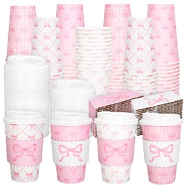 FYSUIMU 48 Set Pink Bow Coquette Disposable Paper Cups with Lids and Sleeves 16Oz Cute Bowknot Coffee Cups for Hot Cold Drinks Mother's Day Wedding Birthday Baby Shower Bachelorette Party Supplies