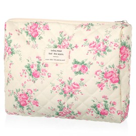 Yuanchu Floral Makeup Bag, Cute Coquette Quilted Toiletry Bag for Women Floral Coquette Pouch Aesthetic Flower Travel Toiletry Organizer Bag(Pink)