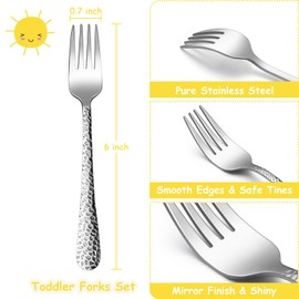 TeamFar Toddler Forks, Stainless Steel Toddler Utensil Silverware Baby Forks for Self Feeding at Home & Preschool, Healthy & Non Toxic, Mirror Polished & Hammered Handle, Dishwasher Safe, Set of 6