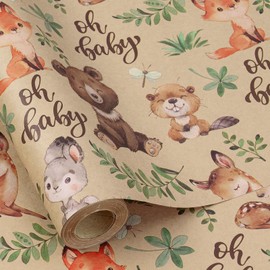 RUSPEPA Jungle Anaimal Wrapping Paper Roll, Mini Roll, Woodland Animal Design with Oh Baby Text Design Kraft Gift Wrap for Baby Shower, Newborn Gifts and Gender Reveal, 17 Inches x 9.8 Feet