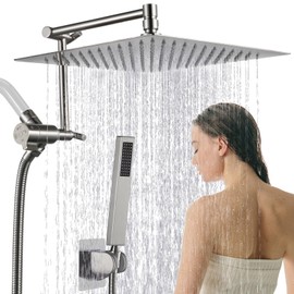 12" Metal Rain Shower Head with Handheld Spray Combo, 4 Settings Shower Diverter with Pause Mode, Stainless Steel Shower Wand, Adjustable Extension Arm, 71 Inch Extra Long Hose - Brushed Nickel