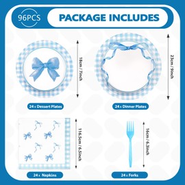 96Pcs Blue Bow Party Decorations Cute Coquette Birthday Plates and Napkins 350 GSM Blue and White Gingham Plaid Tableware Sets for Girls Boys Baby Shower Picnic Barbecue Party Supplies Serves 24