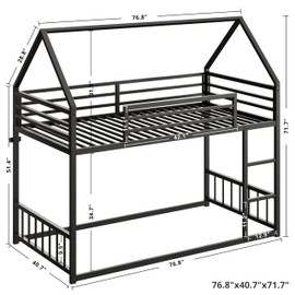 LIKIMIO Bunk Bed Twin Over Twin, House Bunk Bed Frame with Ladder and Guardrail, House Shaped with Metal Slats for Dormitory and Bedroom, Space Saving, No Box Spring Needed, Black