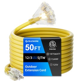 islewire 50 FT Outdoor Extension Cord with Multiple Outlets, 12 Gauge Heavy Duty Yellow Extension Cord Waterproof with 3 Outlet, 3 Prong Power Cord for Garden and Home Use Indicator Light, ETL Listed