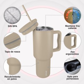Vaso de 40 oz con asa y pajita Vaso aislado al vacío de acero inoxidable Taza de té o café helado para bebidas calientes o frías Vaso de 40 oz con asa (Almendra)