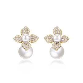 Vetieeimo Simulated Pearl Earrings for Women S925 Sterling Silver Post Wedding Prom Earrings (14K Gold)
