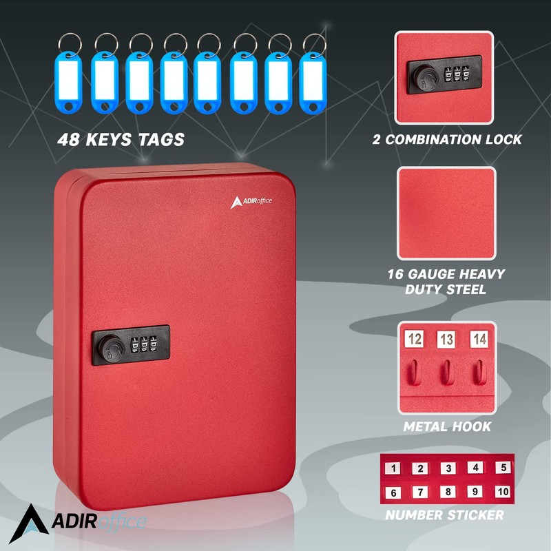 AdirOffice Key Lock Box – 48 Key Hooks Wall Mounted