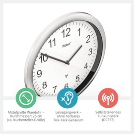 Mebus Radio Controlled Wall Clock 26 cm Silent Silver Frame White Dial Model 19809 - Easy to Read and Stylish