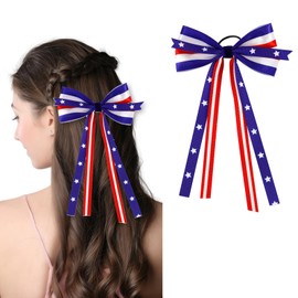 Independence Day Hair Ties Bow Rubber Bands for Hair Elastics Stars National Flag Long Colorful Ribbon Hair Accessories for Women July 4th Ponytail Holders Hair Styling 1Pcs (Style C)