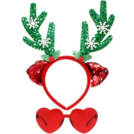 ONEPEACE Sequin Reindeer Antler Headband with Heart Sunglasses, Perfect Deer Costume Hair Accessories for Christmas Holidays Party Supplies (Green)