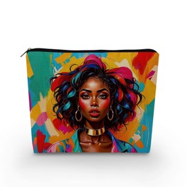 YULUENZE African American Lady Makeup Bag Cute Small Canvas Organizer Bag with Zipper Colorful Painting Black Woman Cosmetic Bag Aesthetic Birthday Present for Women Sisters Friends