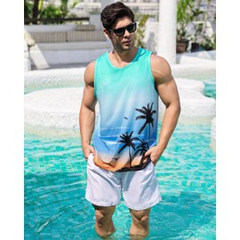 Fiodrimy Mens Beach Tank Tops Summer Hawaiian Graphic Palm Tree Sleeveless Shirts for Men Workout Gym Shirts Mens Tank Top Blue