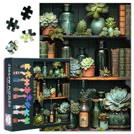 Botanical Shelf Puzzle 1000 Pieces - Lifelike Succulents & Antique Books, Detailed 50 x 70 cm Literary Inspired Collector's Puzzle