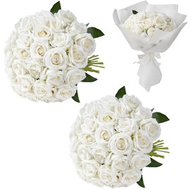 Fanfantoey White Roses Artificial Flowers Bulk, 32Pcs Fake Roses Artificial Velvet Roses with Stems, DIY Silk Flowers Roses Bouquet, Realistic Faux Artificial Roses for Mother's Day Home Table Decor