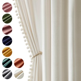 MIULEE Ivory Pom Pom Velvet Curtains for Bedroom/Living Room Darkening Thermal Insulating 84 Inches Long Creamy White Blackout Curtains with Rod Pocket for Girls Room/Nursery/Home Theater Set of 2