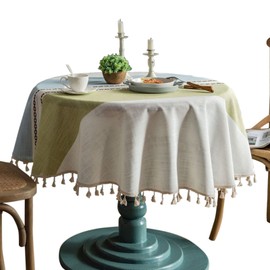 Mantel redondo rústico de lino y algodón a rayas con borla, resistente para cocina, comedor, mesa, decoración de Navidad (azul y verde, redondo de 60 pulgadas)