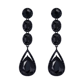 EVER FAITH Black Rhinestone Crystal Multi Teardrop Pierced Drop Dangle Earrings for Wedding Party Black-Tone
