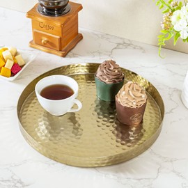 MyGift 11 Inch Deluxe Hammered Brass Round Decorative Tray - Aluminum Plated Serving Display Platter, Centerpieces and Vanity Tray - Handcrafted in India