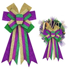 ALIBBON Large Mardi Gras Bows for Wreaths, Mardi Gras Wreath Bows, Glitter Purple Green Gold Bows, Stripe Bows for Front Door, Mardi Gras Decorations Bows for Mardi Gras Carnival Indoor Outdoor Decor