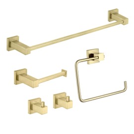 KIBI Cube 5-Piece Bathroom Hardware Set, Modern Bathroom Accessories | Includes 18" Towel Bar, Towel Ring, Toilet Paper Holder & Robe Hooks | Durable and Rust-Resistant (Brushed Gold, C-KBA15-5-3)
