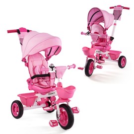EOOWOY Baby Trike, 6-in-1 Kids Tricycle with Adjustable Push Handle, Removable Canopy, Safety Harness for 18 Months - 5 Year Old(Pink)