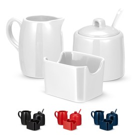 KooK Sugar and Creamer Set, 3 Piece, Pitcher, Sugar Bowl with Lid and Spoon, Sweetener Holder (White)