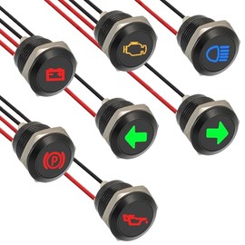 7 Pack 12mm Waterproof LED Indicator Light Small | 1/2" Panel Cutout 12V-24V Metal LED Indicator with 150MM Wire Suitable for Motorcycles Cars Trucks 