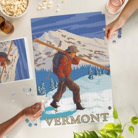 Vermont, Skier Carrying Skis (1000 Piece Puzzle, Challenging Jigsaw Puzzle for Adults, Made in USA)