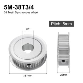 sourcing map 5M-38T-3/4B Timing Belt Pulley 3/4" Bore, 38 Teeth Aluminum Alloy Synchronous Wheel with Keyway, Pitch 5mm Tooth for 15mm Width Belt