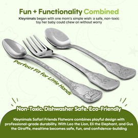 Kleynimals Safari Friends Made in USA Baby Flatware – 100% Stainless Steel Baby Forks and Spoons, Non-Toxic, BPA-Free, Eco-Friendly, Dishwasher Safe – Safe Utensils for Babies & Toddlers