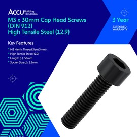 Accu - M3 x 30mm Cap Head Screws (DIN 912) - High Tensile Steel (12.9) (Pack of 50)
