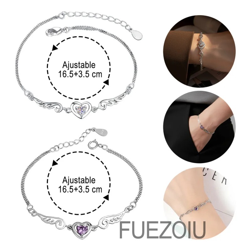Fuezoiu 2 Piezas Pulseras Plata Corazón Alas Ángel Ajustable Joyeria