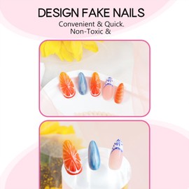 Tyuimhx 3D Oranges Press on Nails Medium Almond - Summer Fruit False Nails Full Cover Stick on Acrylic French Tip for Women - 24Pcs
