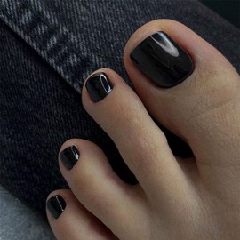 SXVME Black Press on Toes Nails Short Square, Solid Color Fake Toe Nails Glue on, Toe Press on Nails for Women, Glossy Gel ToeNails Acrylic for Decoration 24 Pcs
