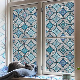 JiffDiff Blue Window Privacy Film Decorative Window Tint Film Stained Glass Window Clings Static Cling Decorative Window Film Sun Blocking Heat Control Window Covering Film for Home