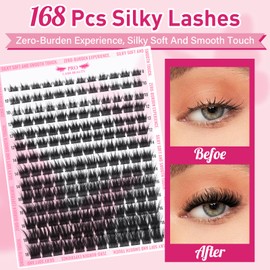 PRO 168 Pcs Eyelash Extension Kit Lash CIusters Kit Individual Lashes Soft Cluster Lashes with Lash Bond and Seal Lash Remover Lash Applicator Easy to Apply at Home(Fleecy,D-8-18mix Kit)