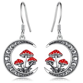 coadipress Mushroom Moon Earrings for Women Magical Red Mushroom Dangle Earrings Retro Matte Moon Flower Carved Bohemian Statement Dangle Earrings Ethnic Style Jewelry Gifts (Red Mushroom)