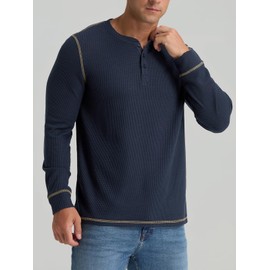 RQP Mens Henley Shirts Long Sleeve Waffle Knit Tee Shirts Fashion Button Fall Shirts,Blue L