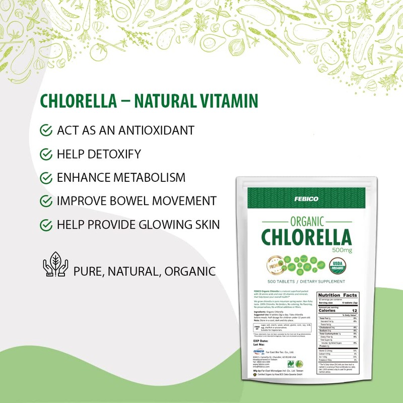 FEBICO Chlorella Tablets 500mg, 500ct, 83 Days - USDA Organic,