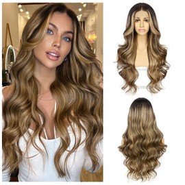 Sapphirewigs Brown Lace Front Wig, Synthetic, 13 x 4 (33x10 cm) Body Wave Ombre Honey Brown Balayage Wig, Women's Party, Date, Daily Wear, Natural-Looking Christmas Wig, 66 cm/6