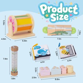 Wooden Montessori Baby Toys, 6-in-1 Newborn Learning Educational Sets Includes Mirror Spinning Drum, Rain Stick, Soft Cloth Books, Shape Sorter, Baby Roller - Christmas Birthday Gift for Boys Girls