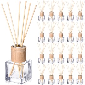 Roshtia 20 Set Reed Diffuser Bottle Empty Fragrance Glass Diffuser Bottles Refillable Diffuser Bottles Set with Wooden Caps and Rattan Sticks 50ml 1.7 Oz Diffuser Glass Jars for DIY Fragrance (Square)