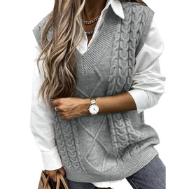 Niwicee Sweater Vest Knitted Sleeveless Jumpers Tank Top Streetwear Knitwear Plaid Pullovers Sweatshirts Oversized V Neck Cable Knit Vintage Retro Stylish Spring Autumn Winter Chunky Women(Grey,M)