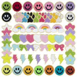 63 Pcs Rainbow Heart Chenille Self Adhesive Iron on/Sew on Patch Emblem Cute Star Flower Cat's Paw Patches Sewing Applique DIY Decoration Accessory for Jeans,Clothes,T-Shirt,Backpacks,Vest,Dress