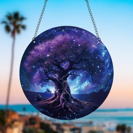 Generic 11.8 Inches Purple Tree of Life Acrylic Window Hanging Decor Stained Glass Panels Starry Sky Scenery Wall Art Mural for Bedroom Garden Wall Decoration Suncatcher Gift for Mom Grandma Teacher
