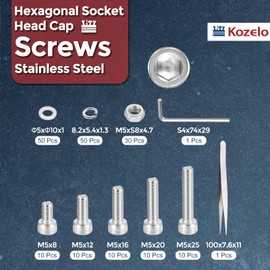 Kozelo 180pcs M5 Socket Head Cap Screws Bolts Nuts Assortment Kit - [M5x8/12/16/20/25mm] 304 Stainless Steel Allen Socket Drive for 3D Printer with Allen Wrench