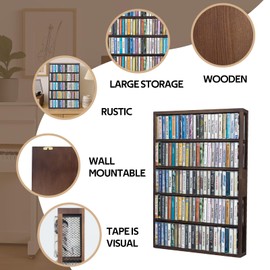Wooden cassette tape storage Rack,Hold up to 115 cassette tapes,Wall Mountable,17 * 25.4 * 2.75 inches,Perfect for Cassette Collections,wire mesh on both sides,Rustic