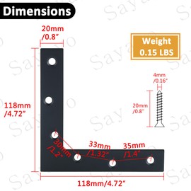 Sayayo 6Pcs Flat L Bracket, 5" x 5" (120×120mm) Corner Bracket , Stainless Steel Corner Brace Mending Plate for Furniture, Black Right Angle Brackets for Wood