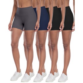 CHRLEISURE - Pantalones cortos de ciclismo de licra de cintura alta, para entrenamiento, pantalones cortos de yoga suaves para mujer, 4 paquetes - Negro/Negro/Gris Oscuro/Azul Marino, M